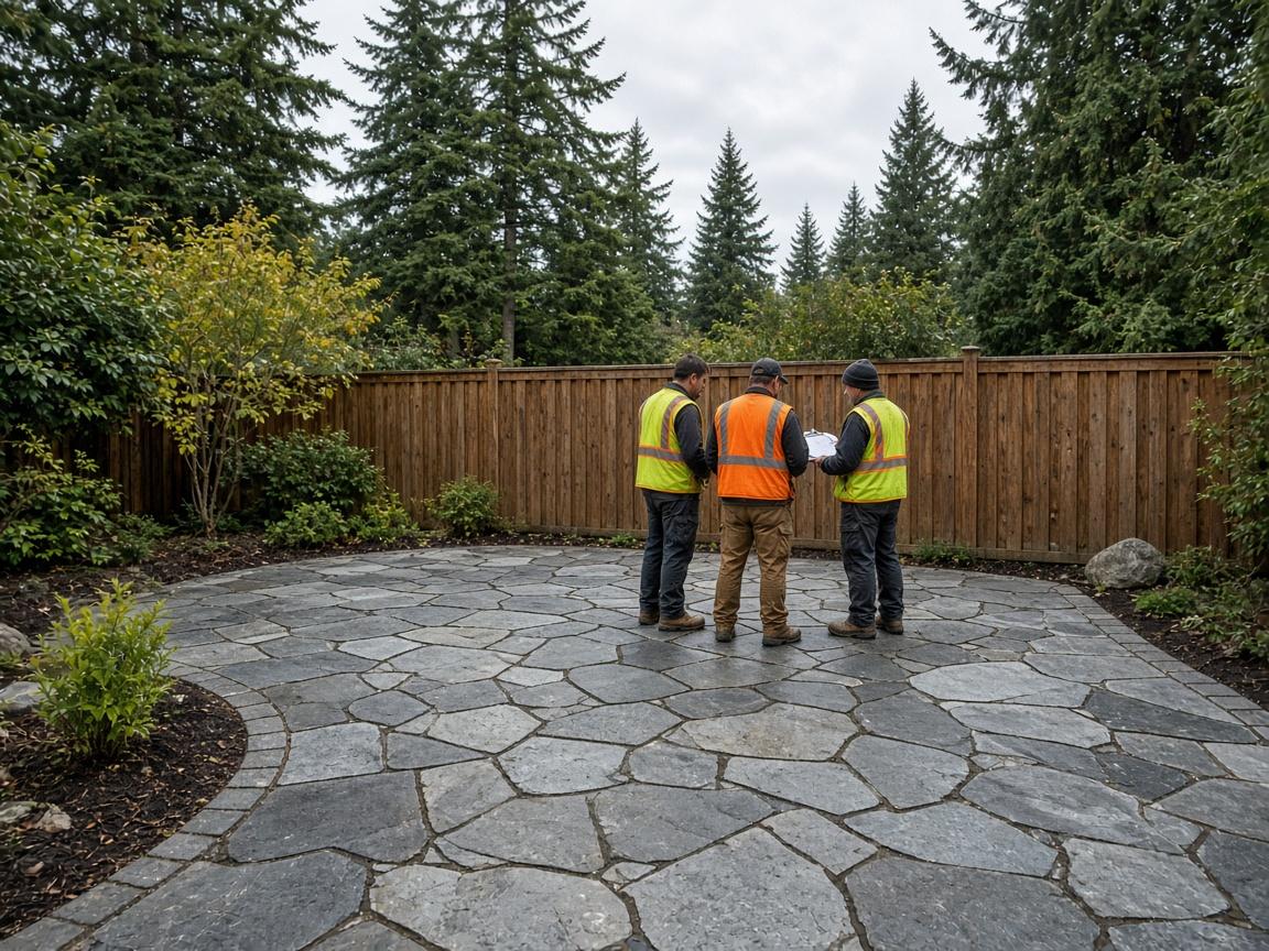 Certified hardscaping crew installing a stone patio in Vancouver