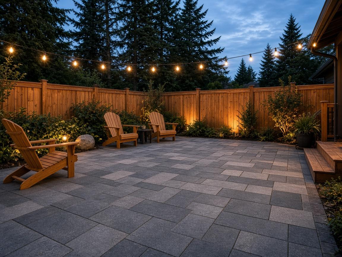 Finished stone patio at dusk with outdoor lighting in Vancouver