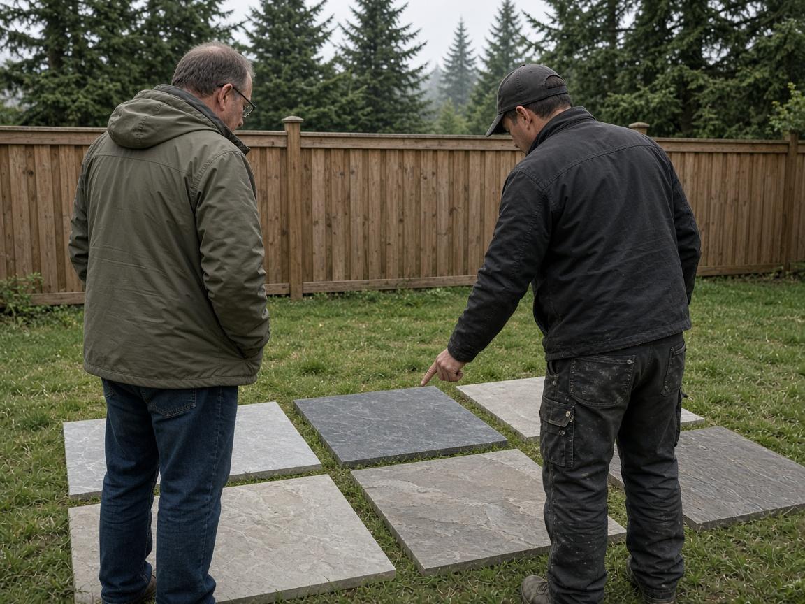 Homeowner speaking with hardscaping consultant in Vancouver backyard